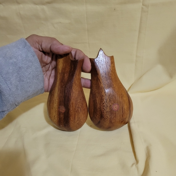 Rare Vtg Short Capiz Shell Lined Wood Salad Serving Spoons - Picture 3 of 3